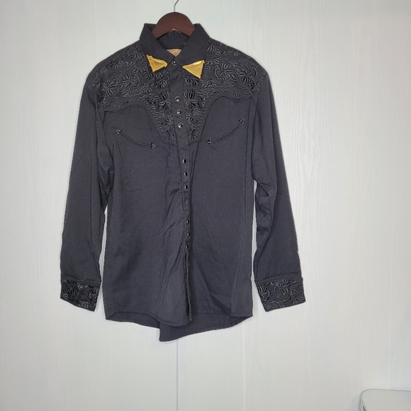 VTG Scully Men Western Snaps Button Shirt Size Medium Black Embroidered Floral - Picture 15 of 16